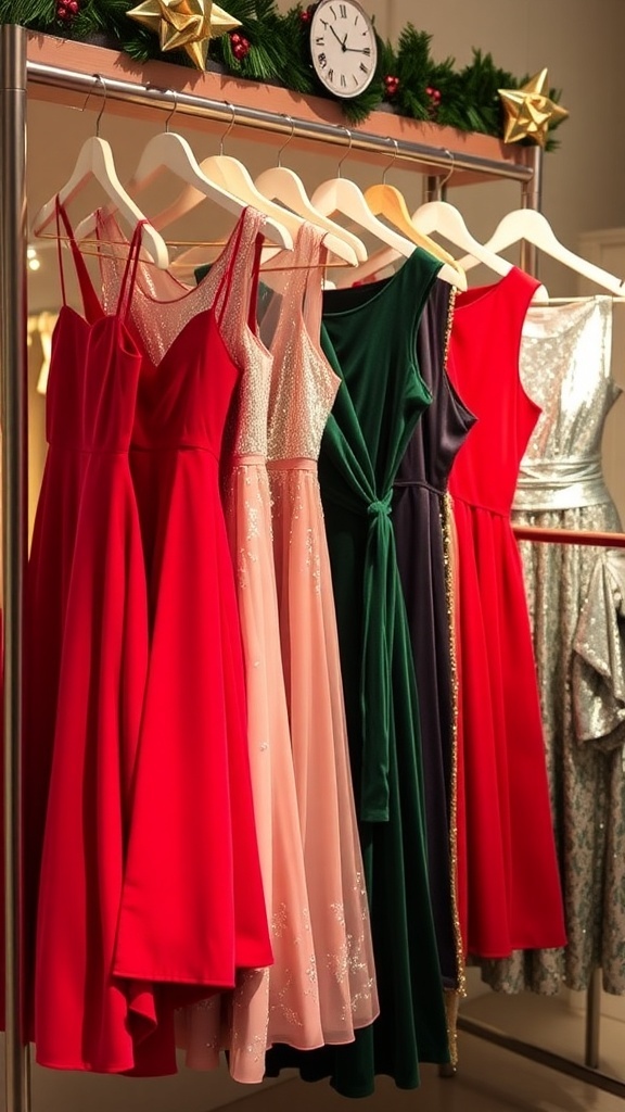 A collection of festive Christmas dresses in red, green, black, and metallic styles hanging on a rack with holiday decorations.